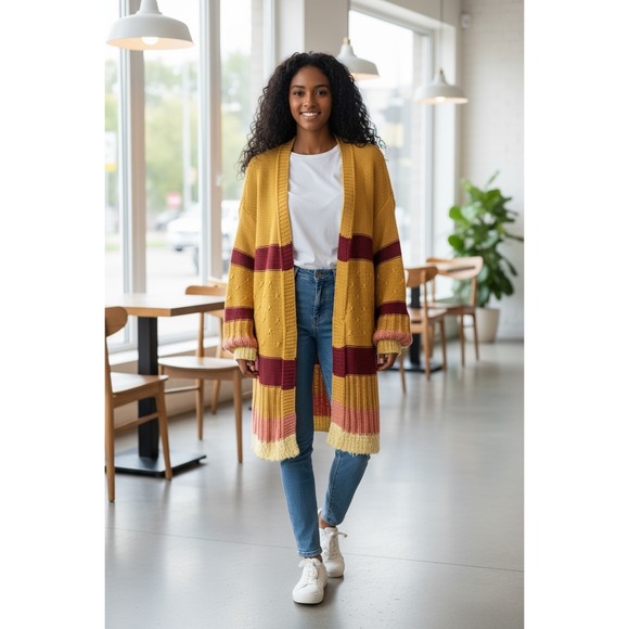 Umgee Yellow Knit Duster Cardigan Striped Open Front Bohemian Sweater - Picture 2 of 11